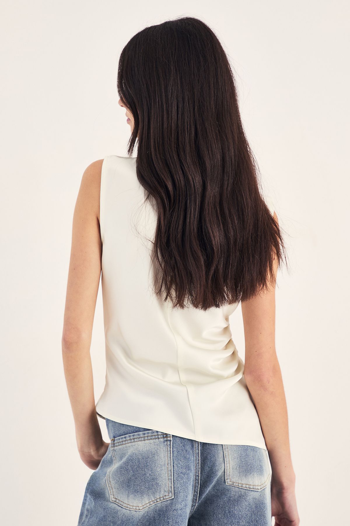 NastyGal Satin Ruched High Neck Top Ivory image 3