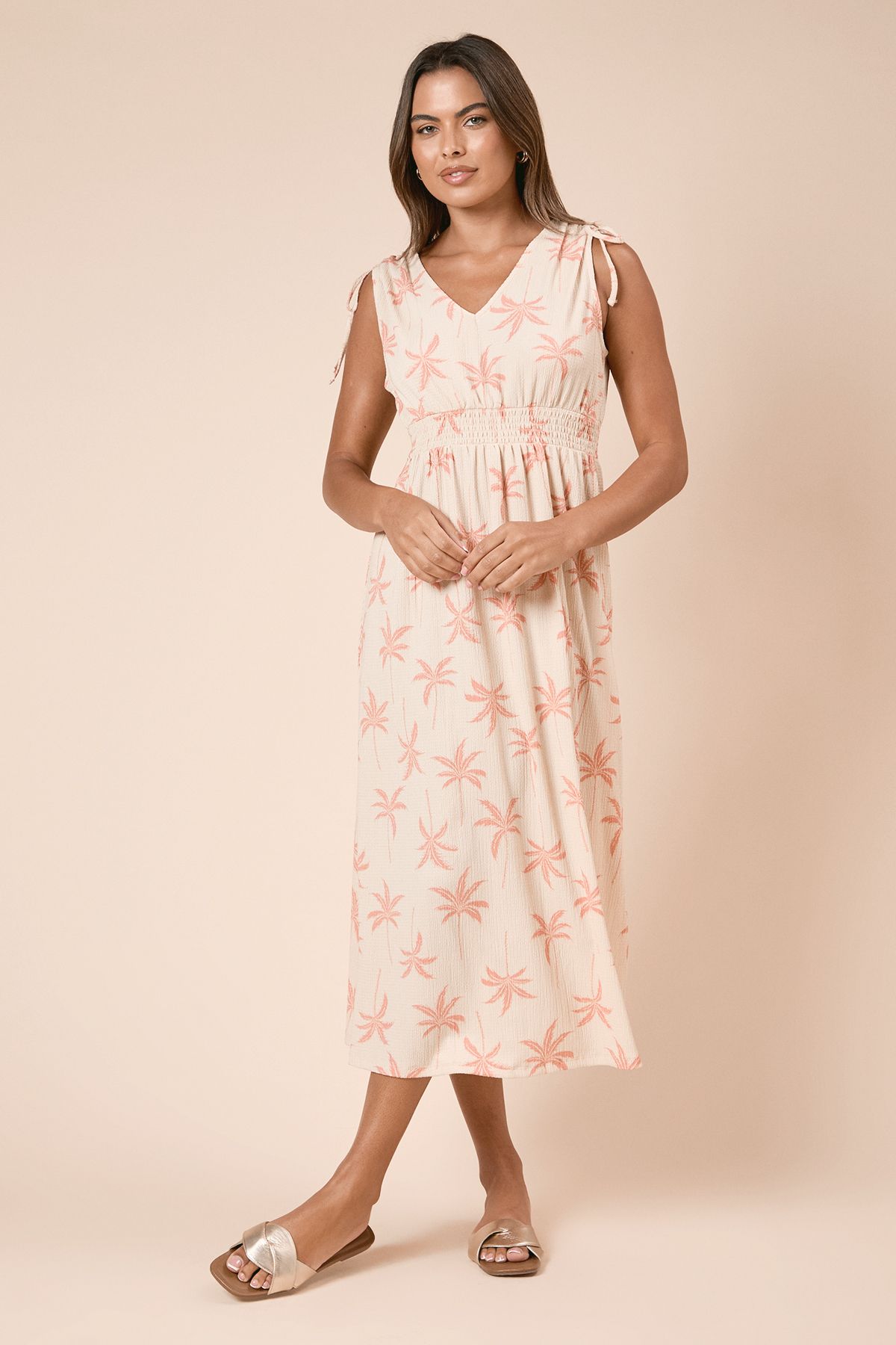 Dorothy Perkins Cream Palm Tie Shoulder Shirred Waist Jersey Midi Dress Cream image 2