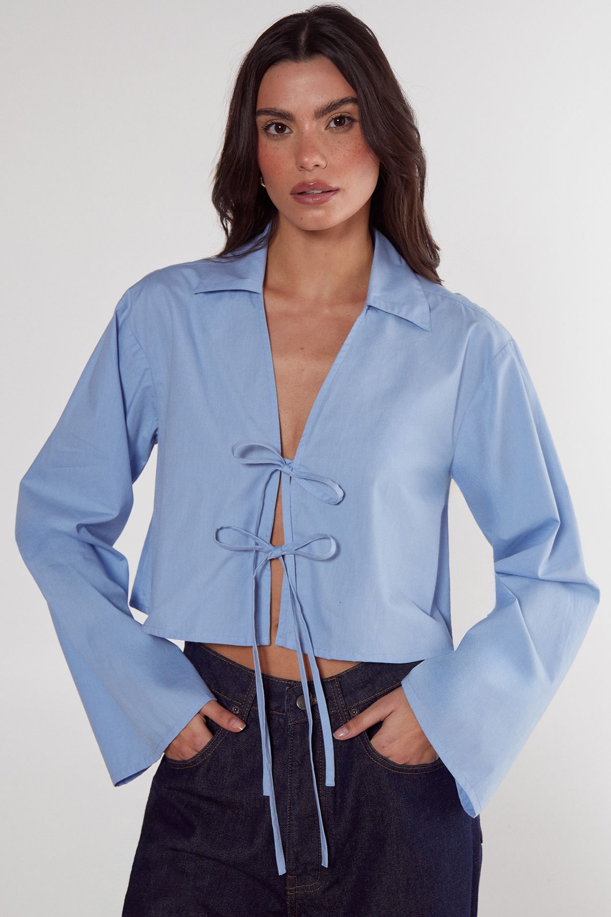 NastyGal Cotton Tie Front Collared Wide Cuff Shirt Blue image 1