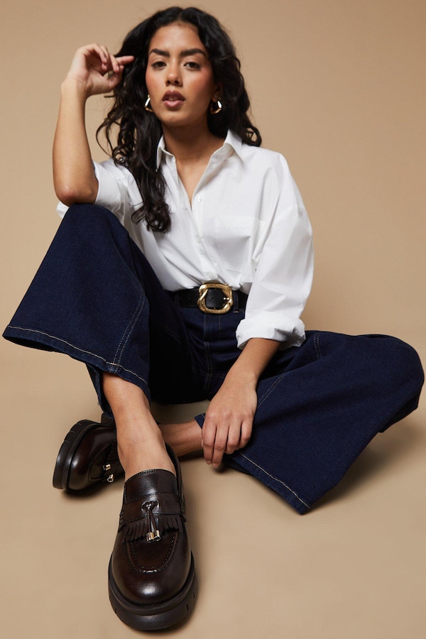 Oasis Brooke Leather Tassel Detail Chunky Loafers Chocolate