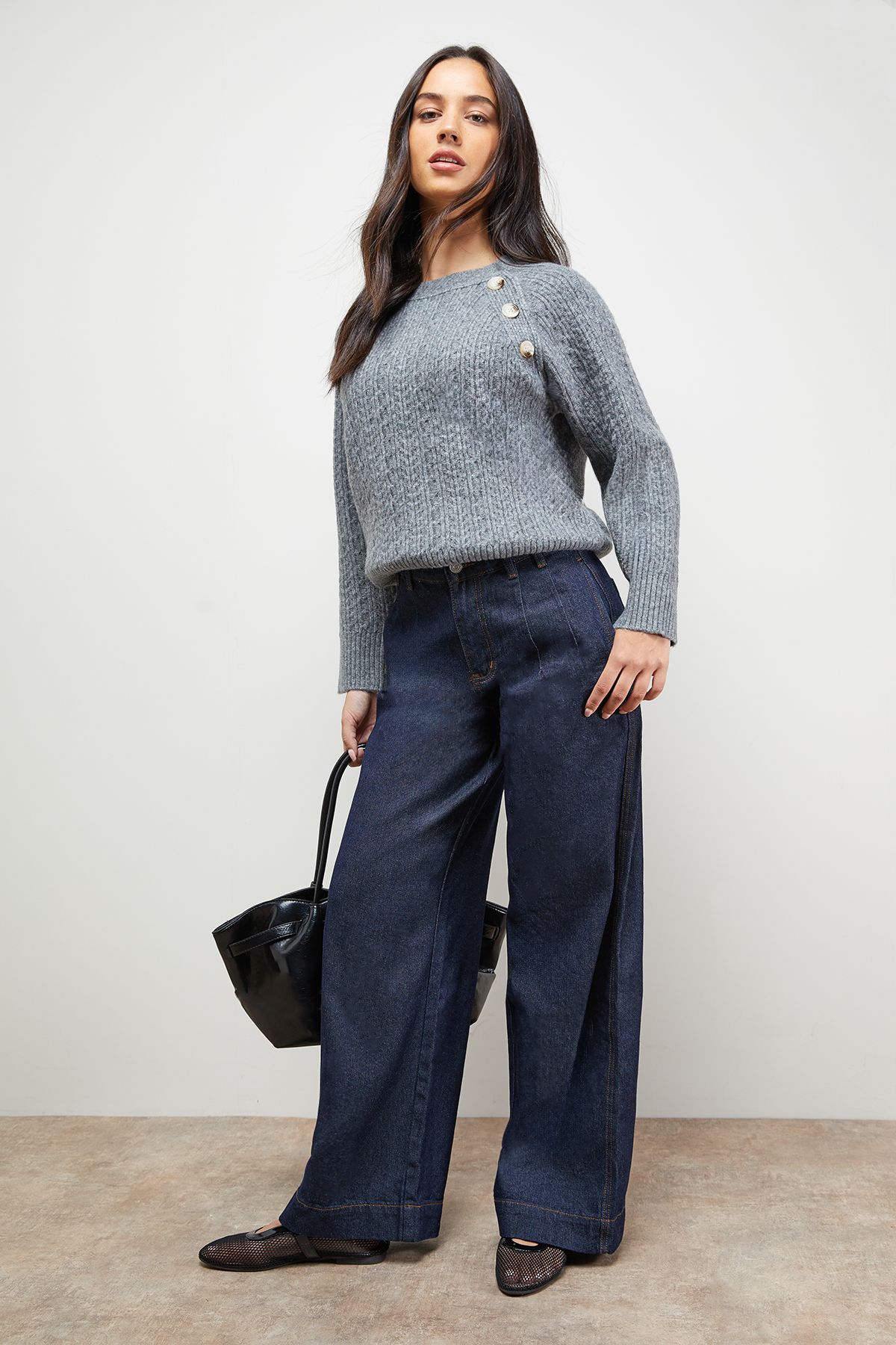 Oasis Stitchy Button Detail Crew Neck Jumper Grey Marl image 4