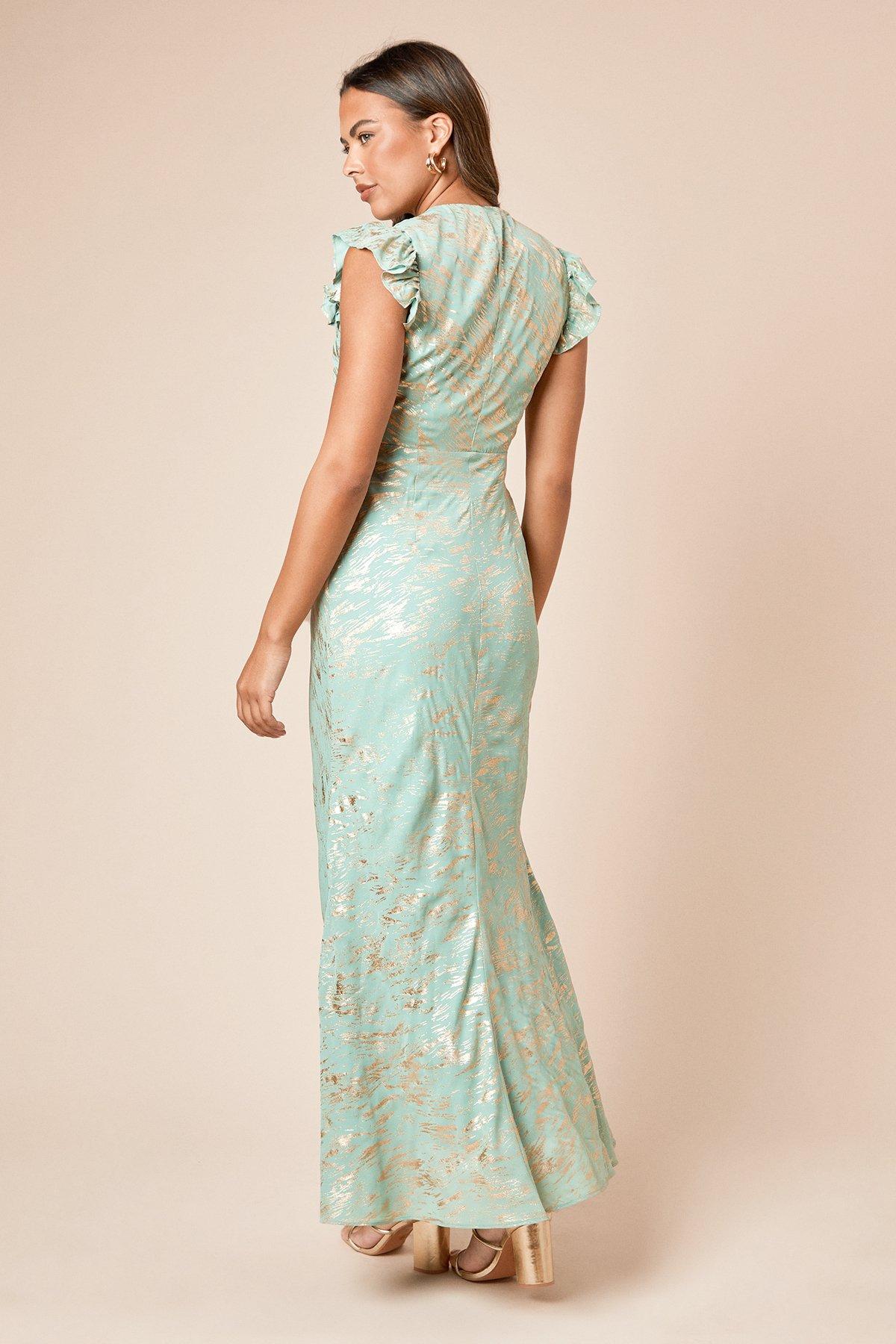 Dorothy Perkins DP Luxe Metallic Frill Shoulder Maxi Dress Green image 4
