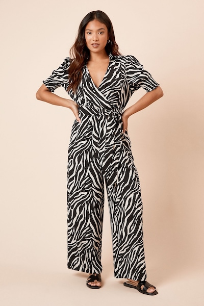 Dorothy Perkins Petite Wrap Front Puff Sleeve Jumpsuit Zebra