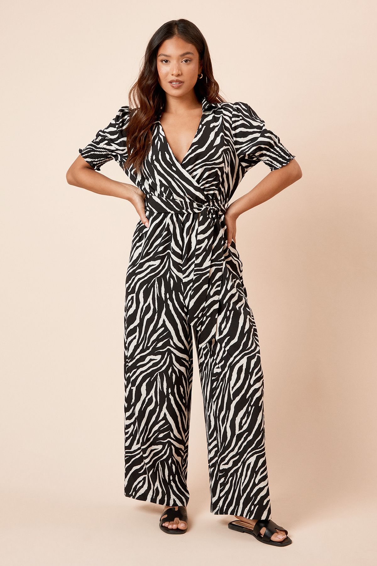Dorothy Perkins Petite Wrap Front Puff Sleeve Jumpsuit Zebra image 1