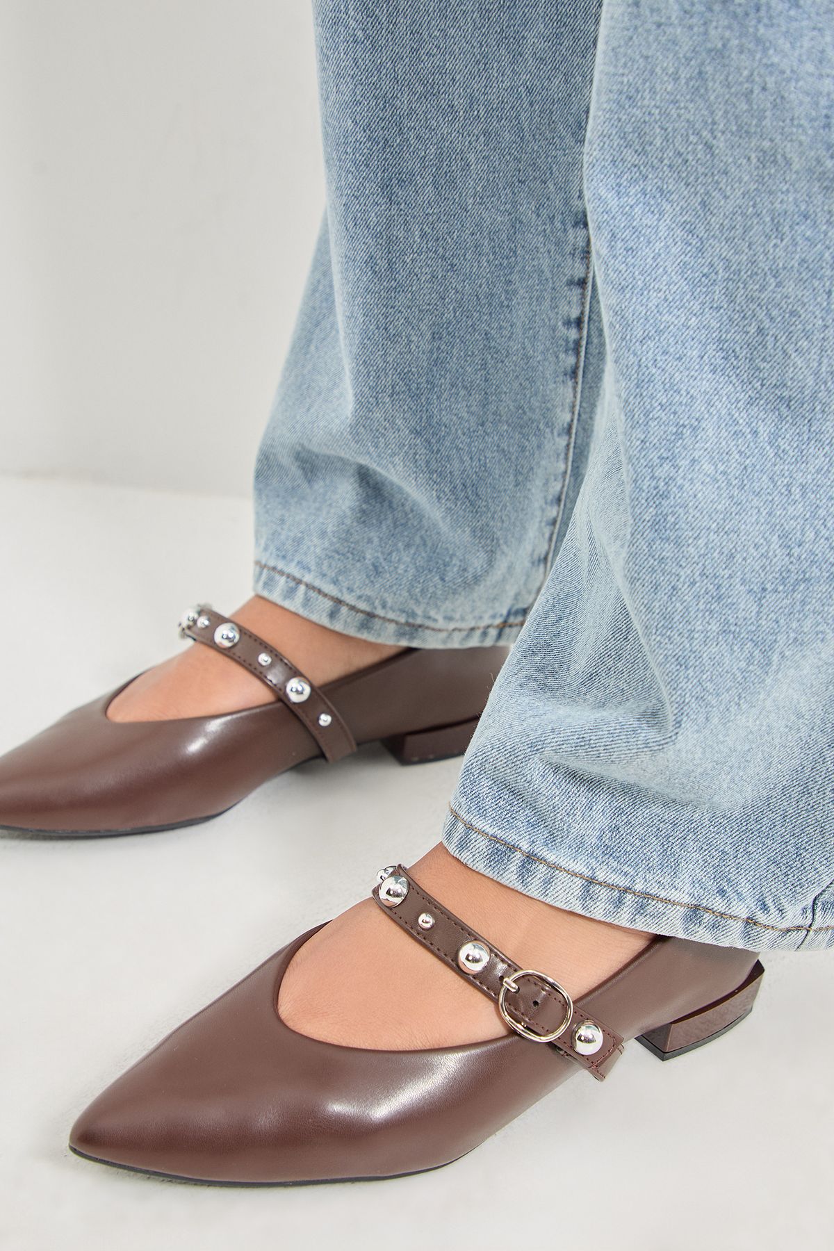 MissPap Faux Leather Studded Mary Jane Pointed Ballet Pumps Chocolate image 1