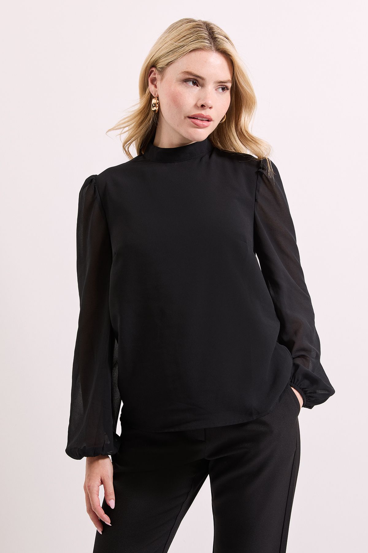 Dorothy Perkins Blouson Sleeve High Neck Top Black image 2