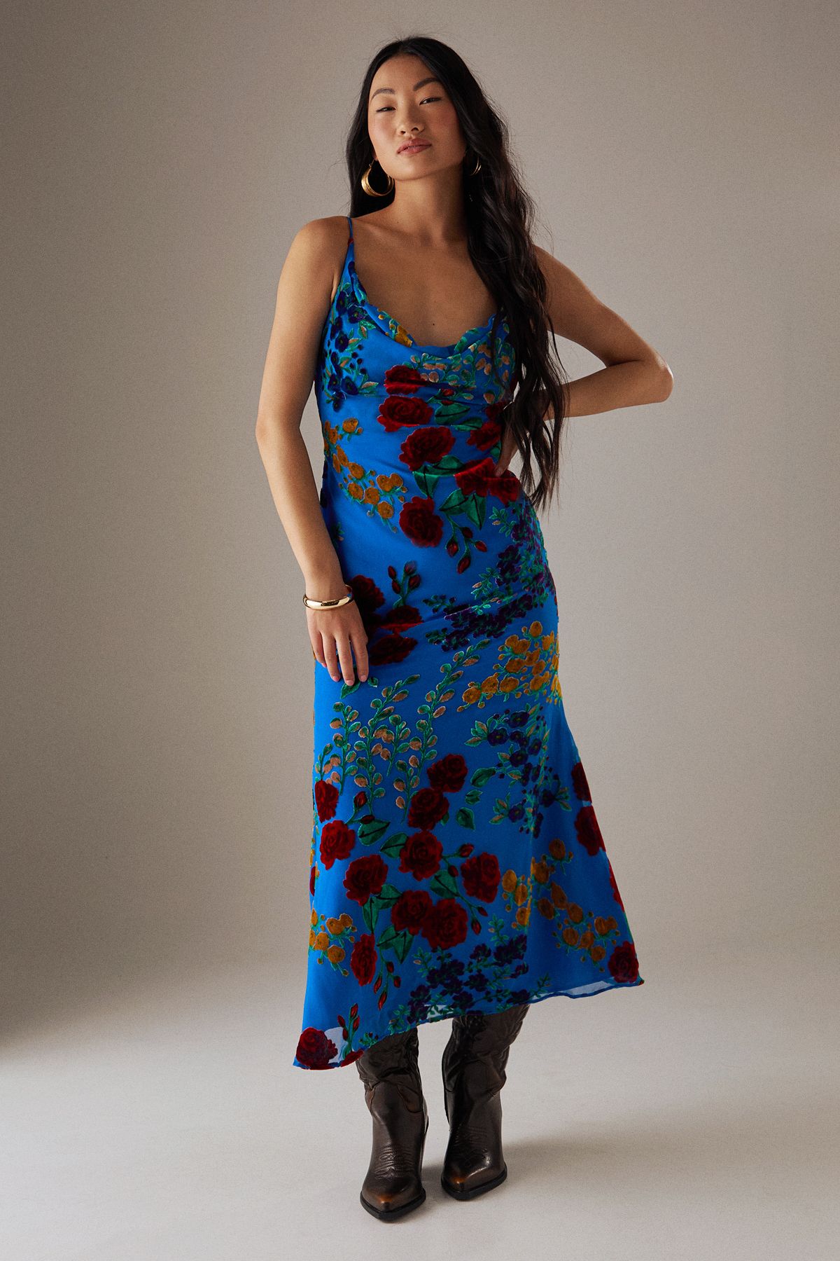 Warehouse Petite Premium Burnout Cowl Neck Strappy Festival Midi Slip Dress Blue