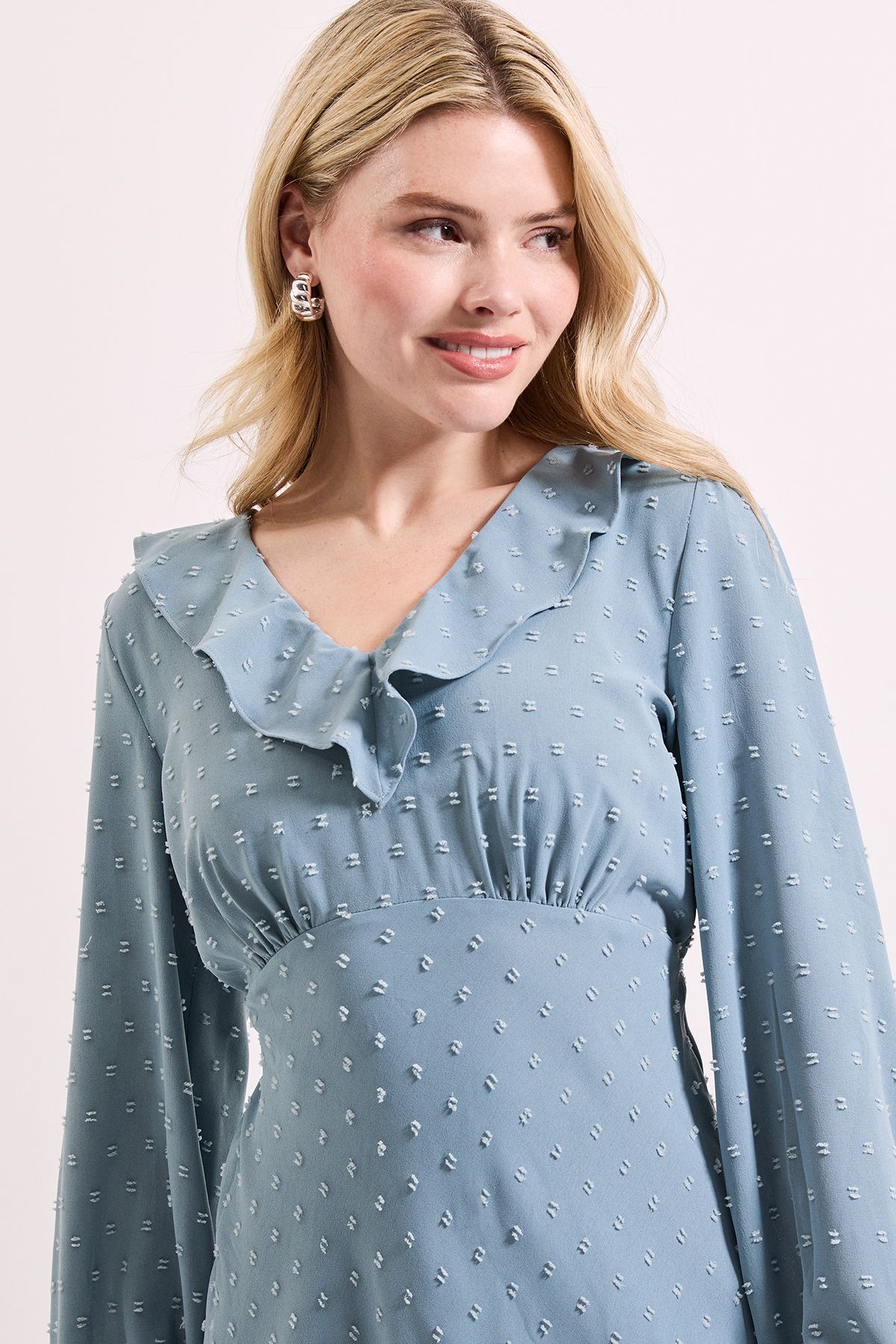 Dorothy Perkins Ruffle Front Blouson Sleeve Midi Dress Blue image 3