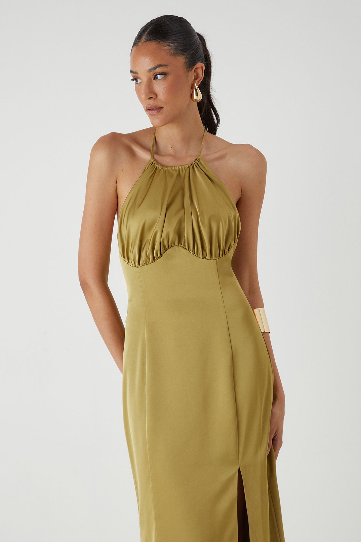 MissPap Halter Neck Split Hem Maxi Dress Green image 2
