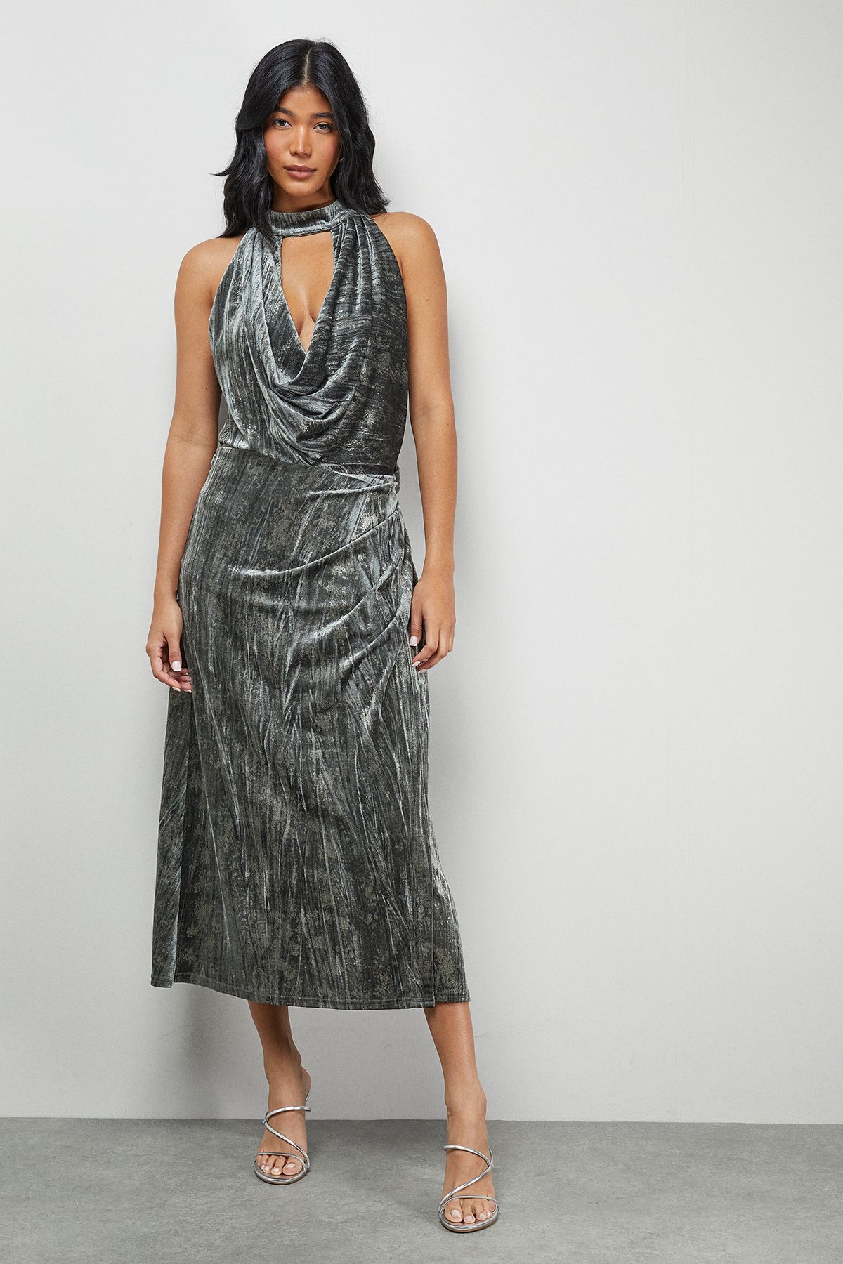 Warehouse Metallic Velvet Halter Cowl Neck Midi Dress Olive