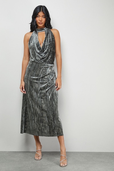 Warehouse Metallic Velvet Halter Cowl Neck Midi Dress Olive
