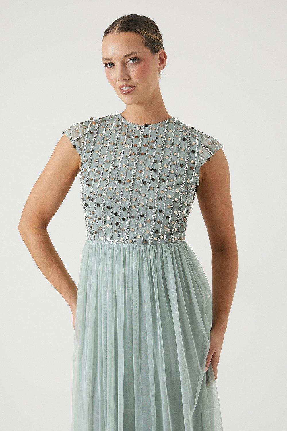 Coast Short Sleeve Embellished Mesh Bridesmaid Dress Sage image 2