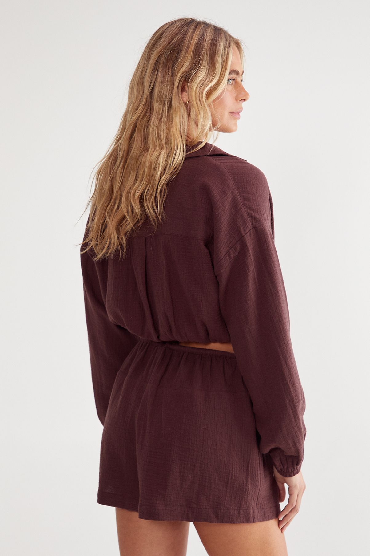 NastyGal Double Gauze Tie Front Shirt and Short Set Chocolate image 4