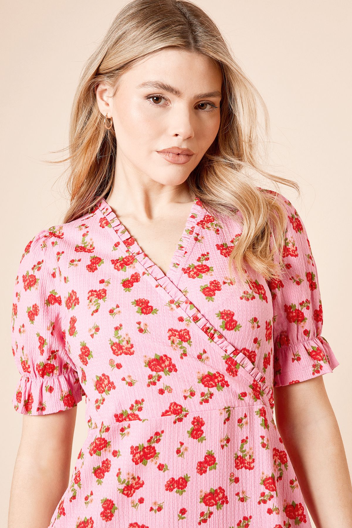 Dorothy Perkins Floral Wrap Front Frill Detail Tiered Hem Jersey Midi Dress Pink image 3