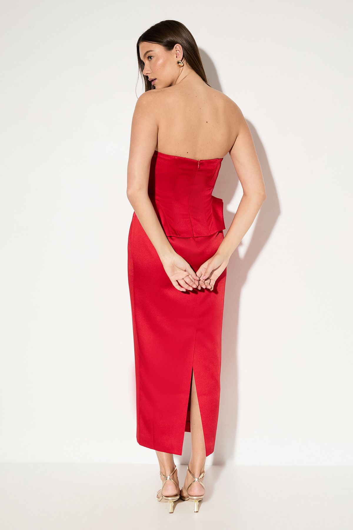 MissPap Premium Bonded Satin Corset Midaxi Dress Red image 3