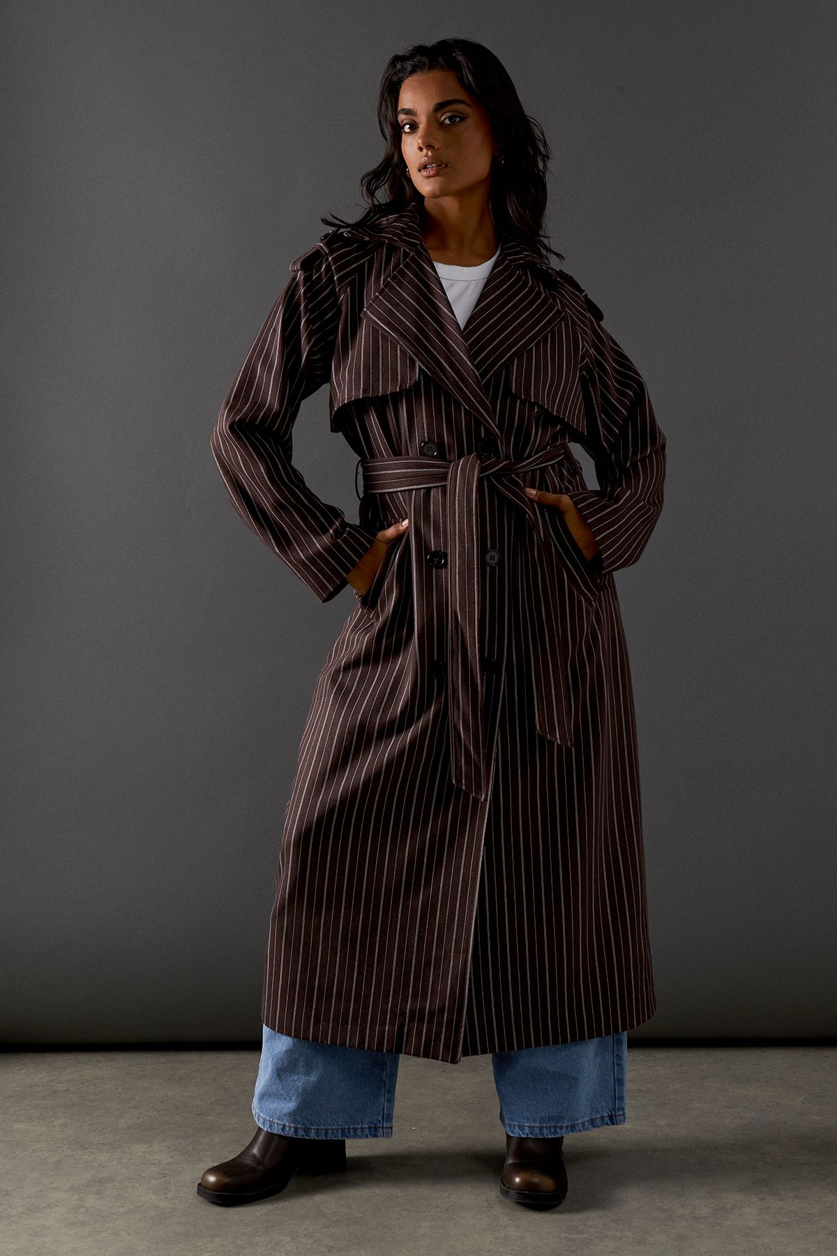 Warehouse Chocolate Pinstripe Belted Trench Coat Chocolate image 4
