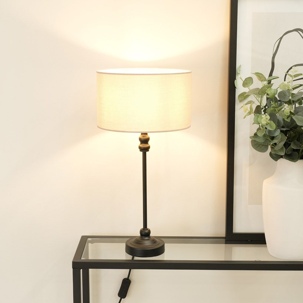 ValueLights Maggie Black Metal Candlestick Slim Table Lamp with Fabric Drum Lamp Shade image 1