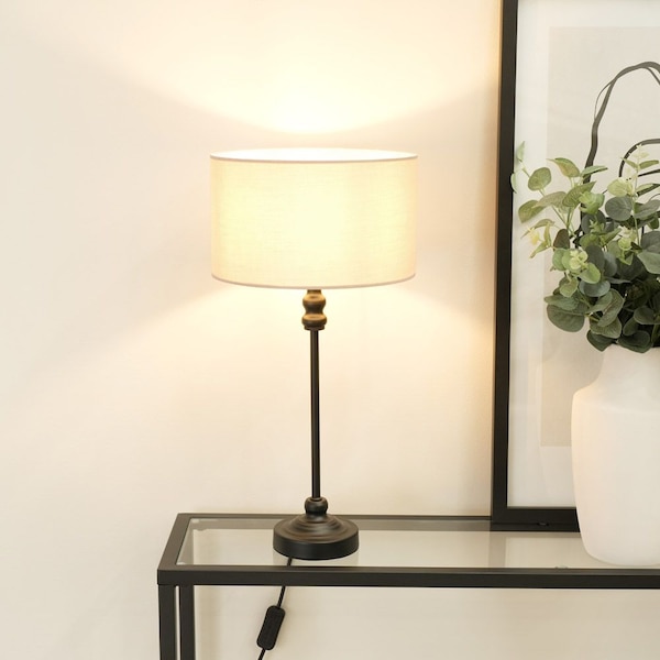 ValueLights Maggie Black Metal Candlestick Slim Table Lamp with Fabric Drum Lamp Shade