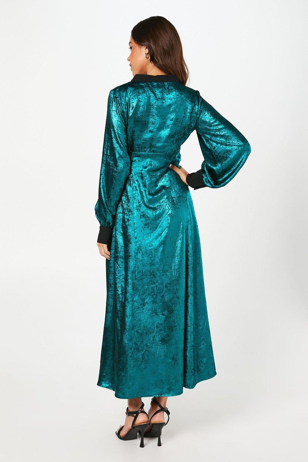 Coast Petite Party Metallic Long Sleeve Wrap Midi Dress Teal image 3
