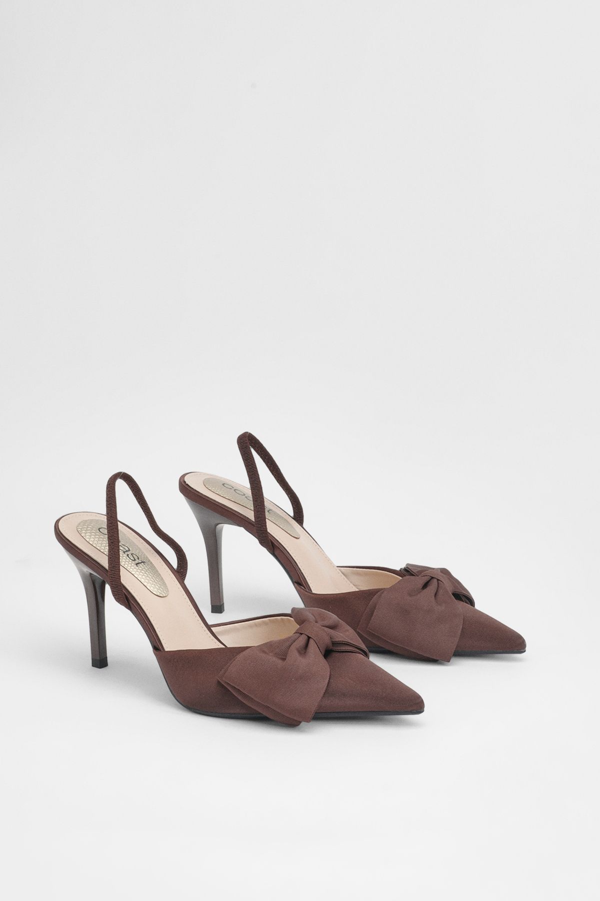 Coast Macey Satin Slingback High Heel Bow Detail Court Shoes Chocolate