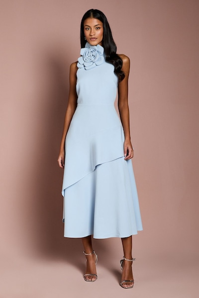 Coast Petite High Neck Corsage Detail Midi Dress Light Blue