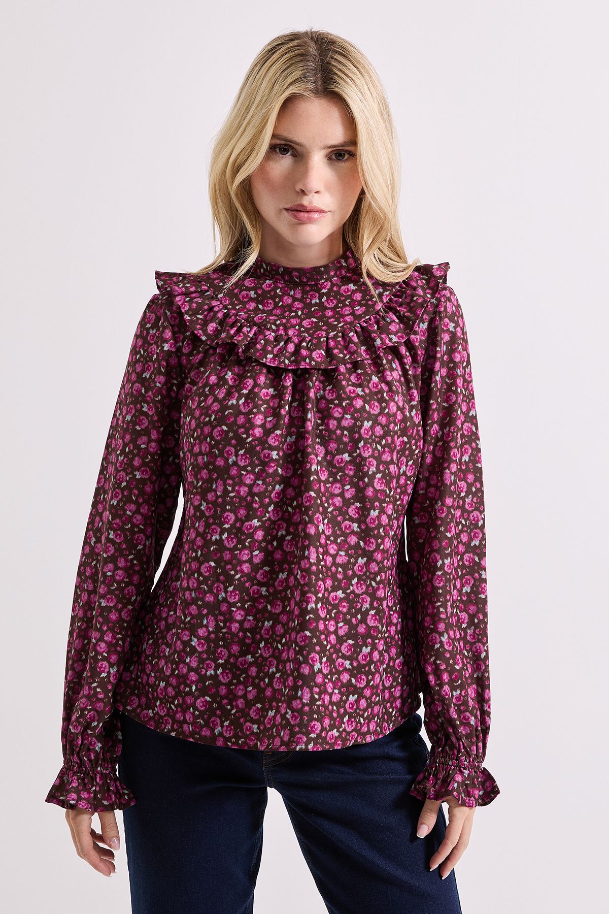 Dorothy Perkins Ditsy Ruffle Neck Printed Long Sleeve Blouse Purple image 1