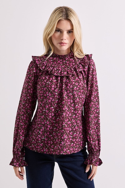 Dorothy Perkins Ditsy Ruffle Neck Printed Long Sleeve Blouse Purple