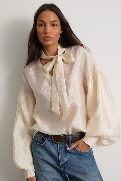 Warehouse Pussybow Tie Neck Blouson Sleeve Blouse Cream