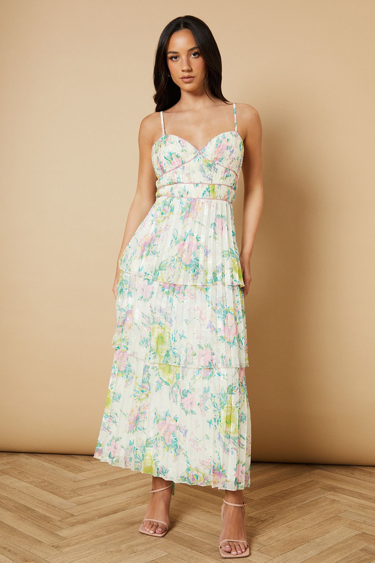 Oasis Pleated Tiered Midi Dress Multi