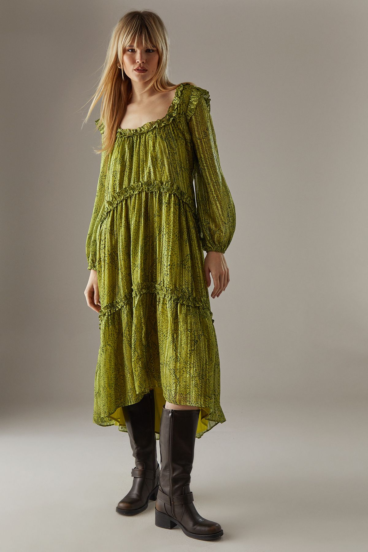 Warehouse Snake Shadow Stripe Ruffle Square Neck Smock Midi Dress Gold image 1