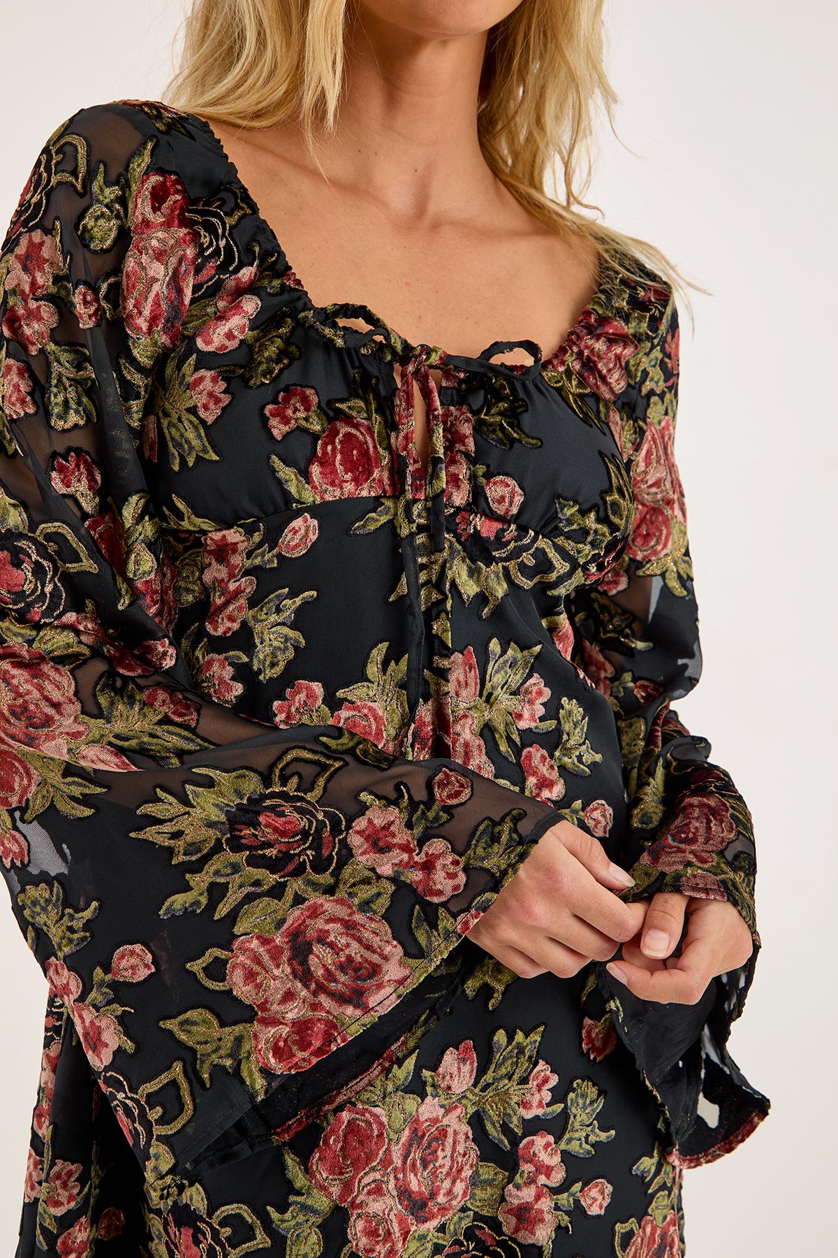 NastyGal Floral Devore Tie Front Fluted Sleeve Mini Dress Black image 3