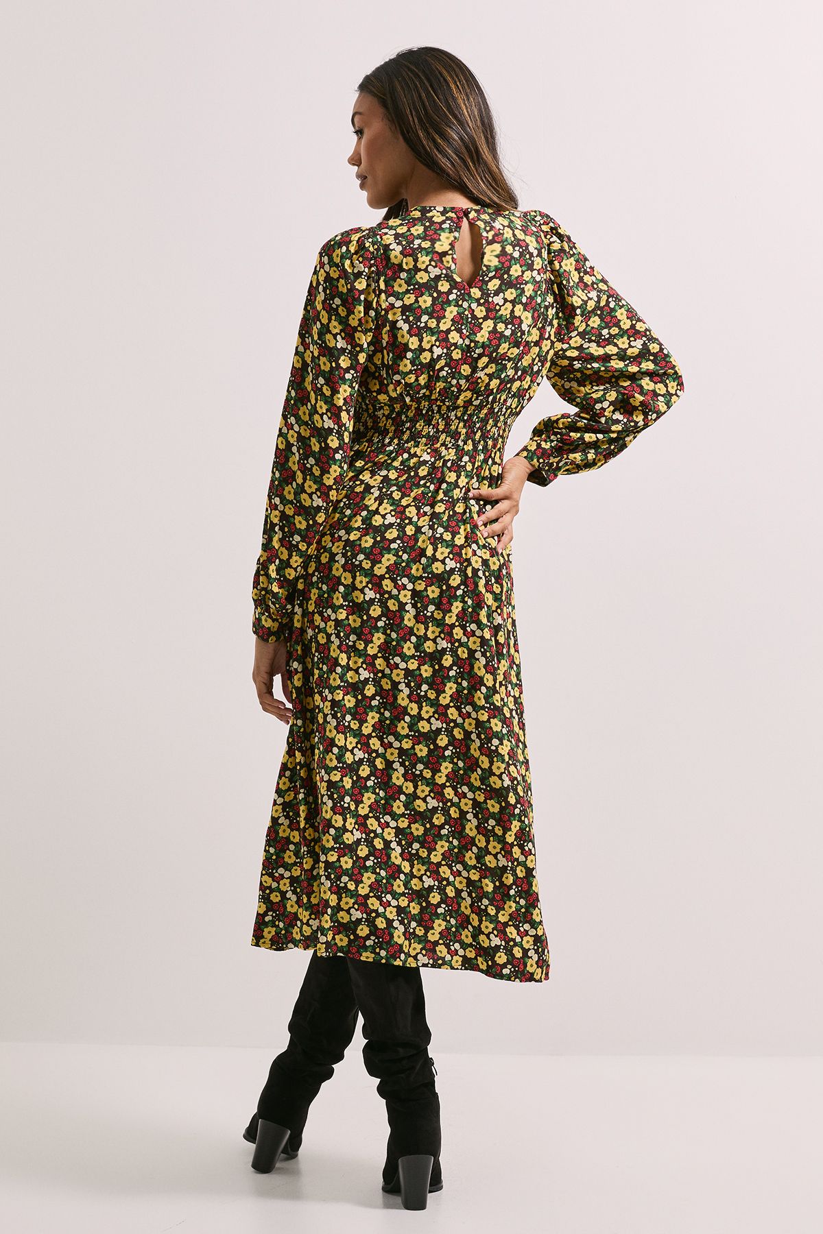 Dorothy Perkins Keyhole Detail Waisted Blouson Sleeve Printed Midi Dress Multi image 3