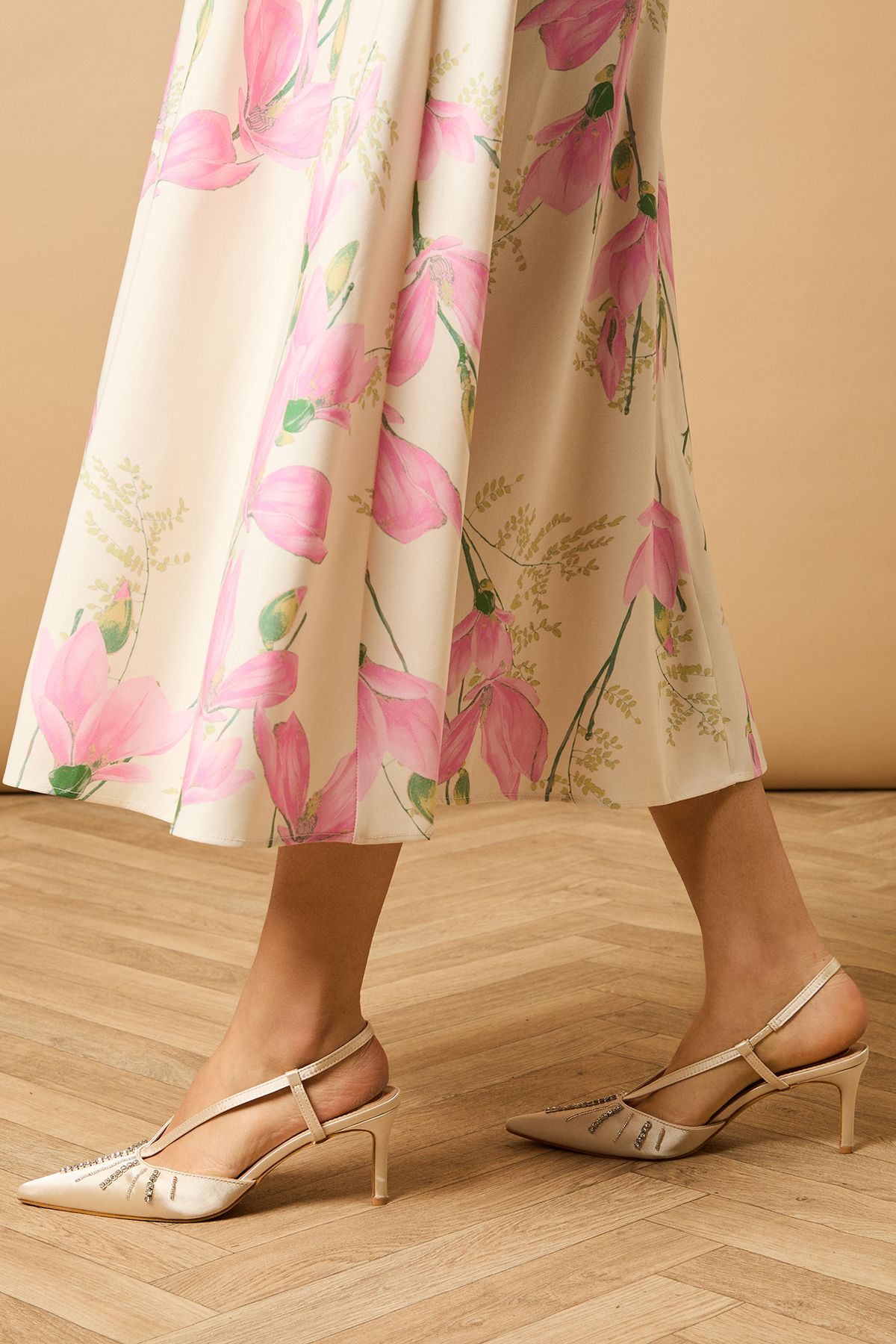 Oasis Monica Satin Diamante Slingback High Stiletto Heel Court Shoes Ivory image 1