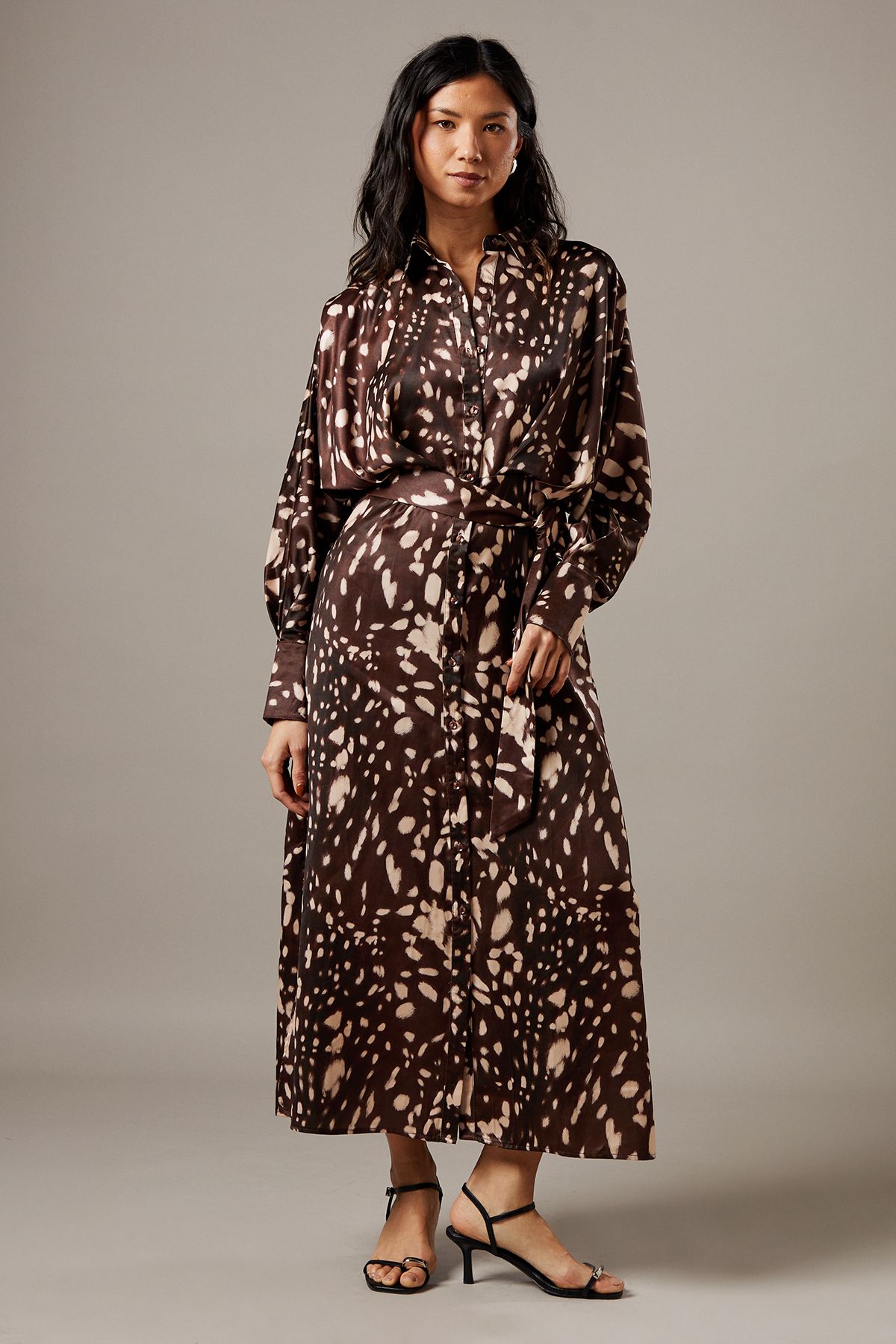 Warehouse Print Satin Batwing Split Side Midi Shirt Dress Animal