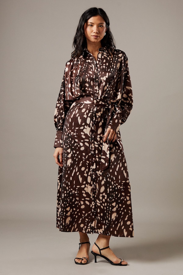 Warehouse Print Satin Batwing Split Side Midi Shirt Dress Animal