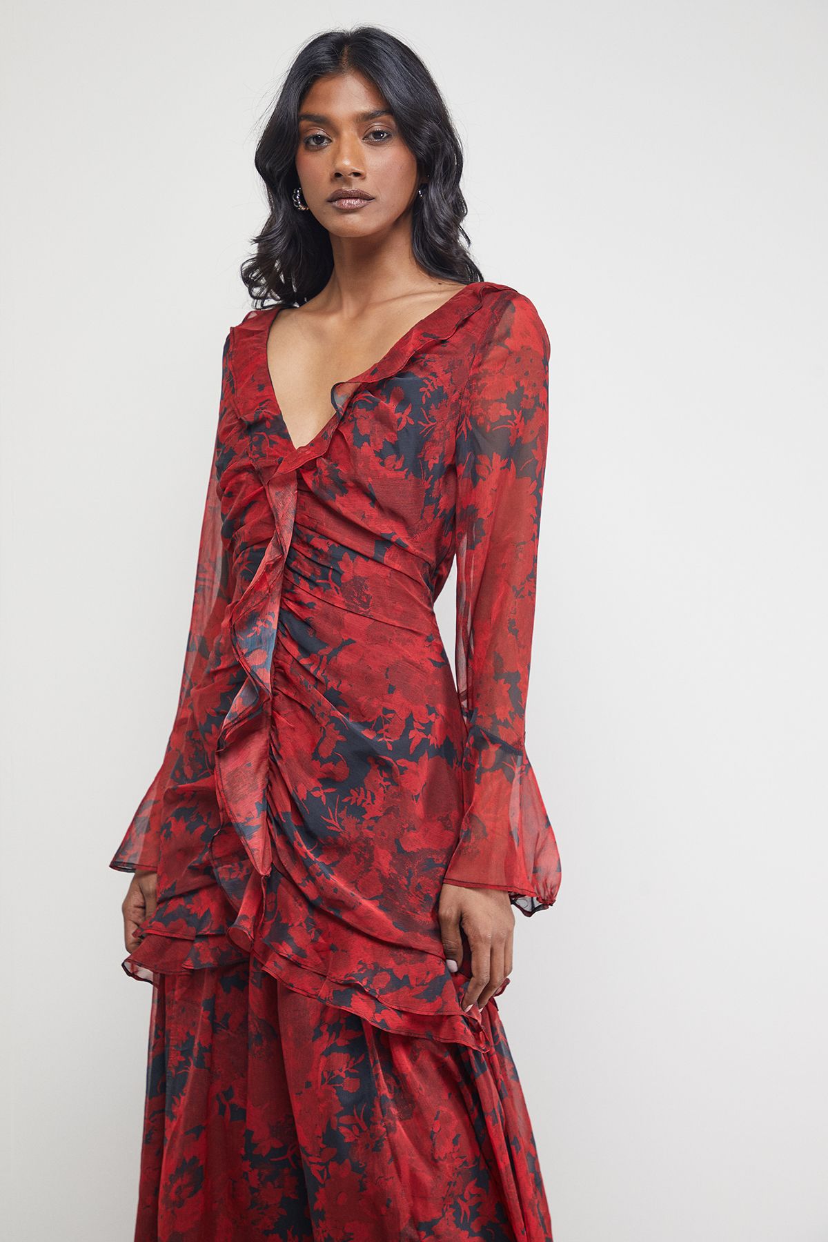 Warehouse Chiffon Ruffle Gathered Bodice Midi Dress Red image 2