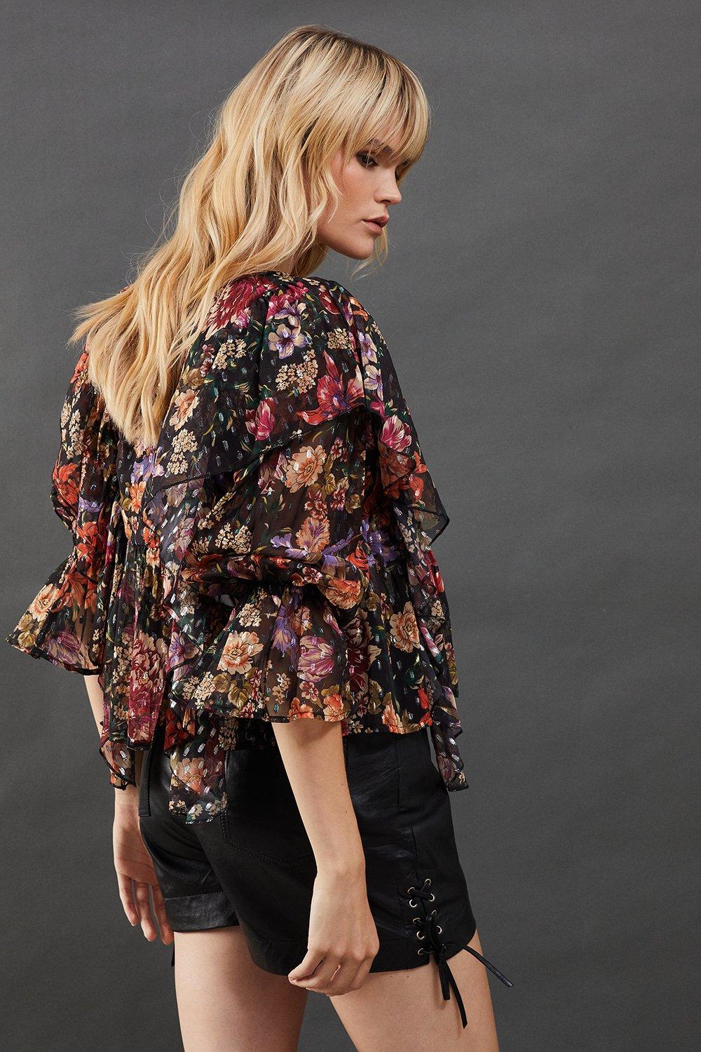 Warehouse Metallic Dobby Button Front Ruffle Detail Blouse image 3