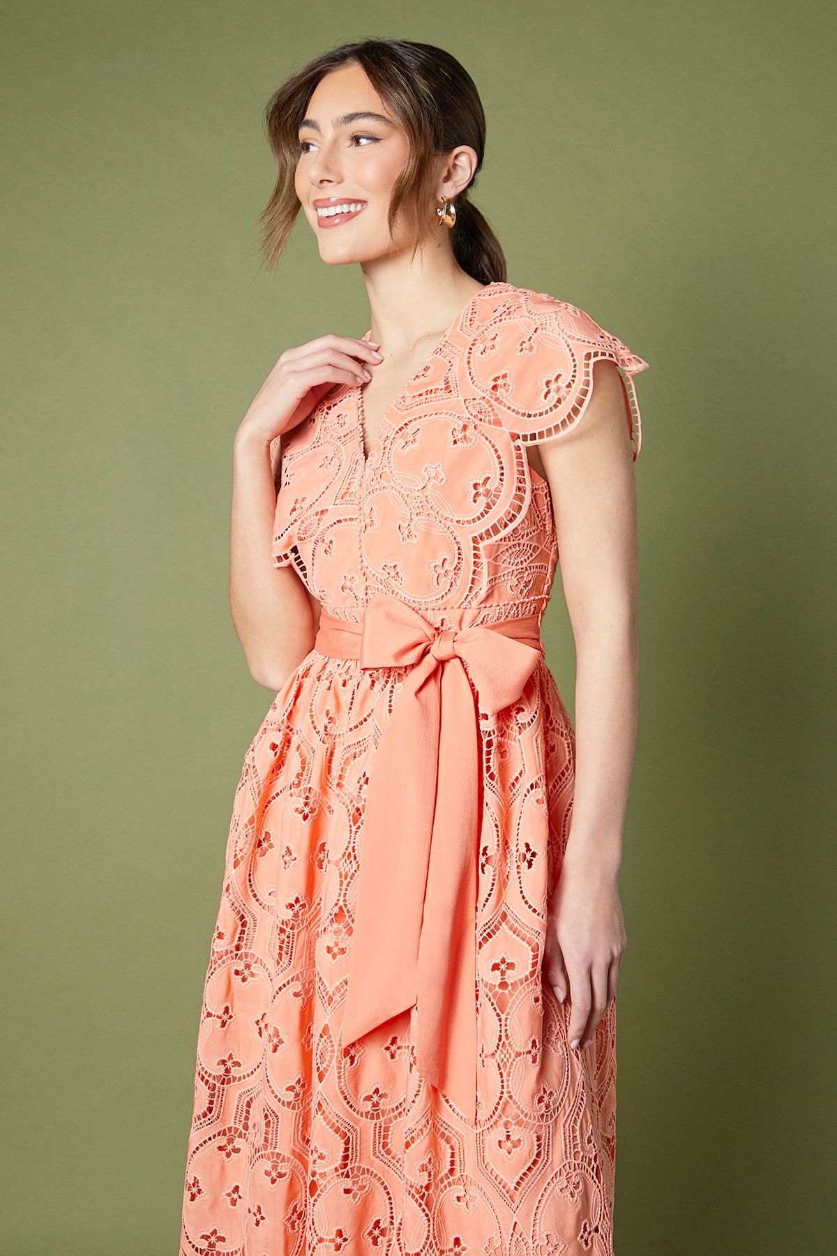 Coast Lace V Neck Belted Midi Holiday Dress Peach image 2