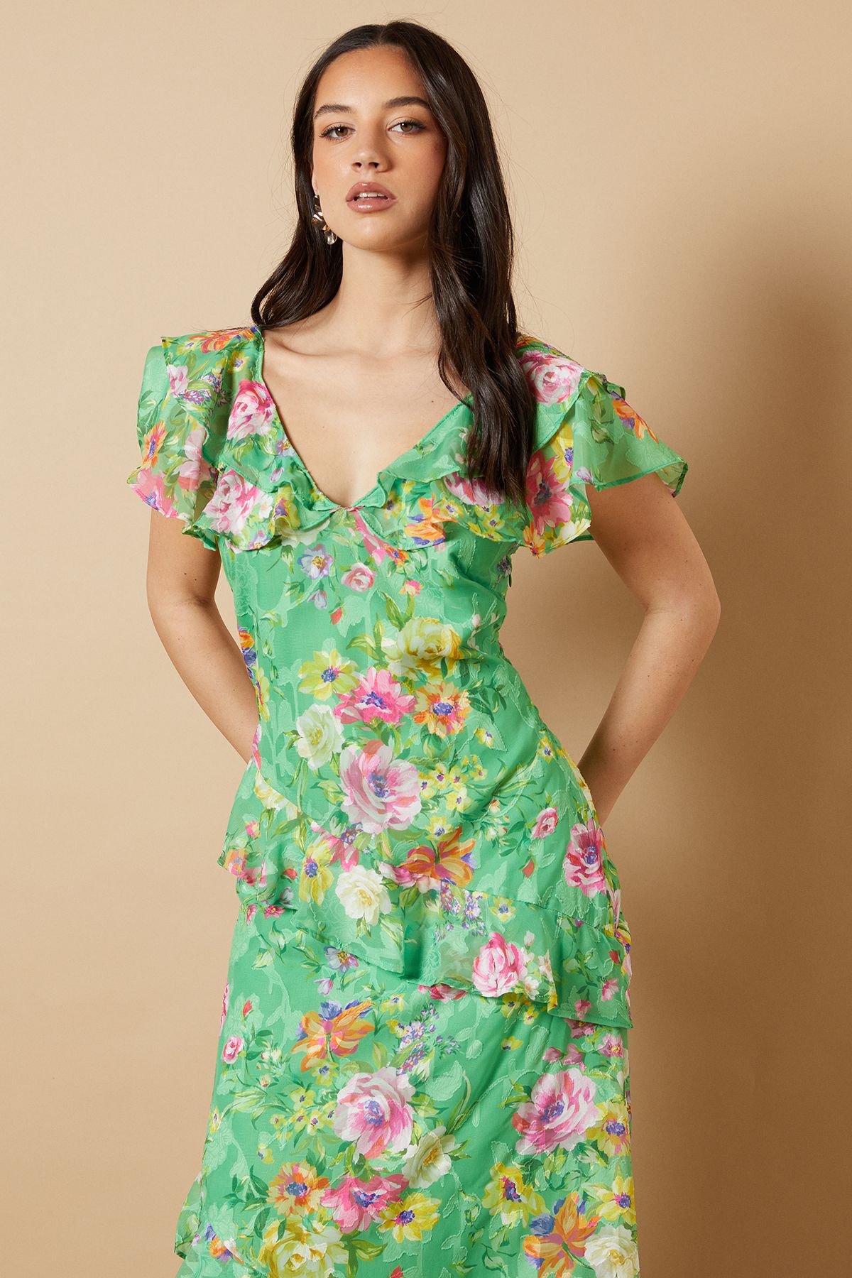Oasis Occasion Ruffle Sleeve Jacquard Midi Dress Green image 4