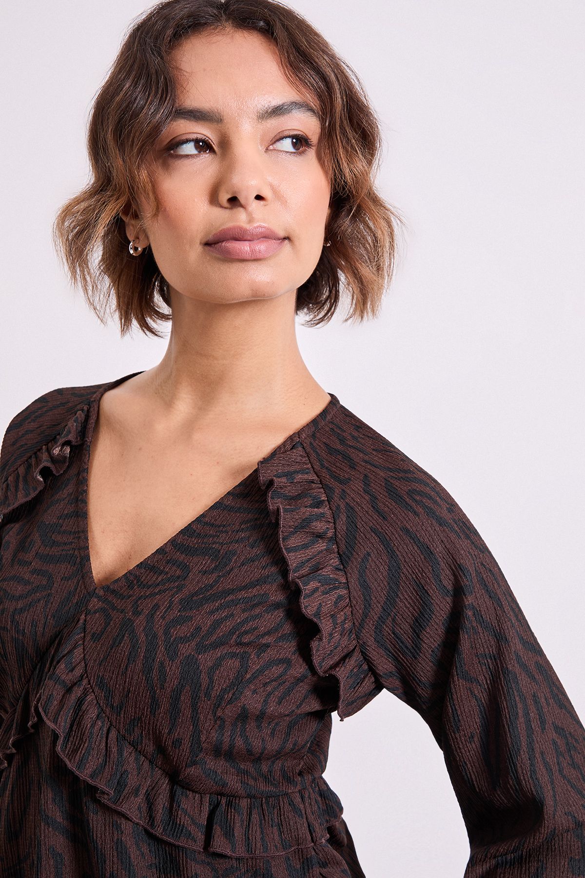 Dorothy Perkins Brown Animal Empire Seam Frill Detail Printed Jersey Top Brown image 4