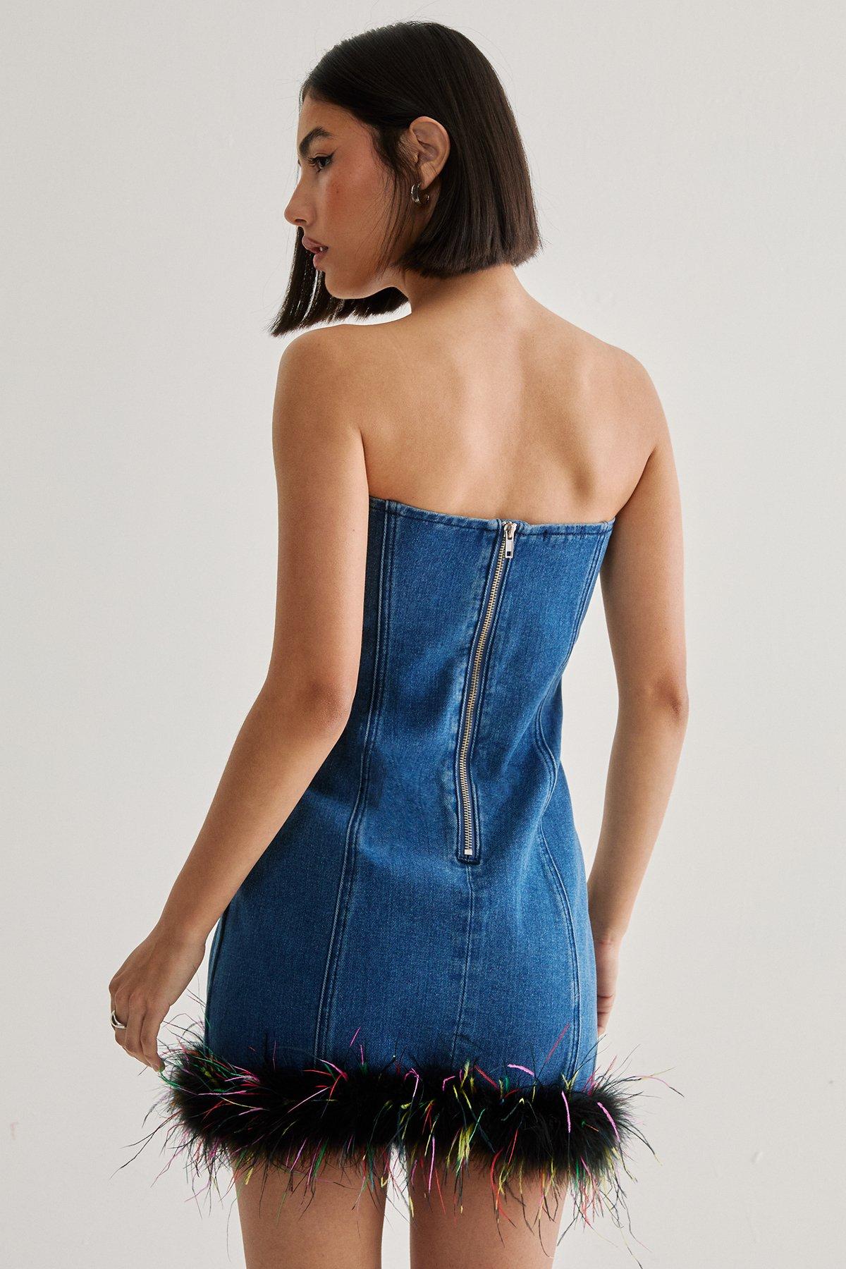 NastyGal Feather Hem Bandeau Dress Authentic Denim image 4