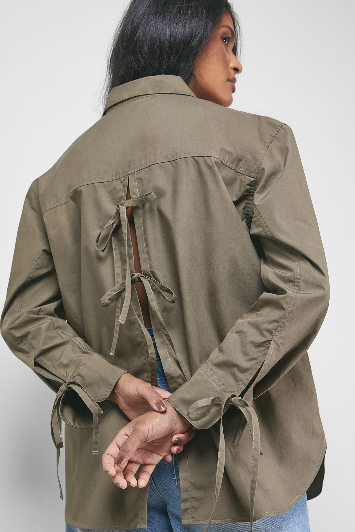 Warehouse Oversized Bow Back Shirt Olive image 3