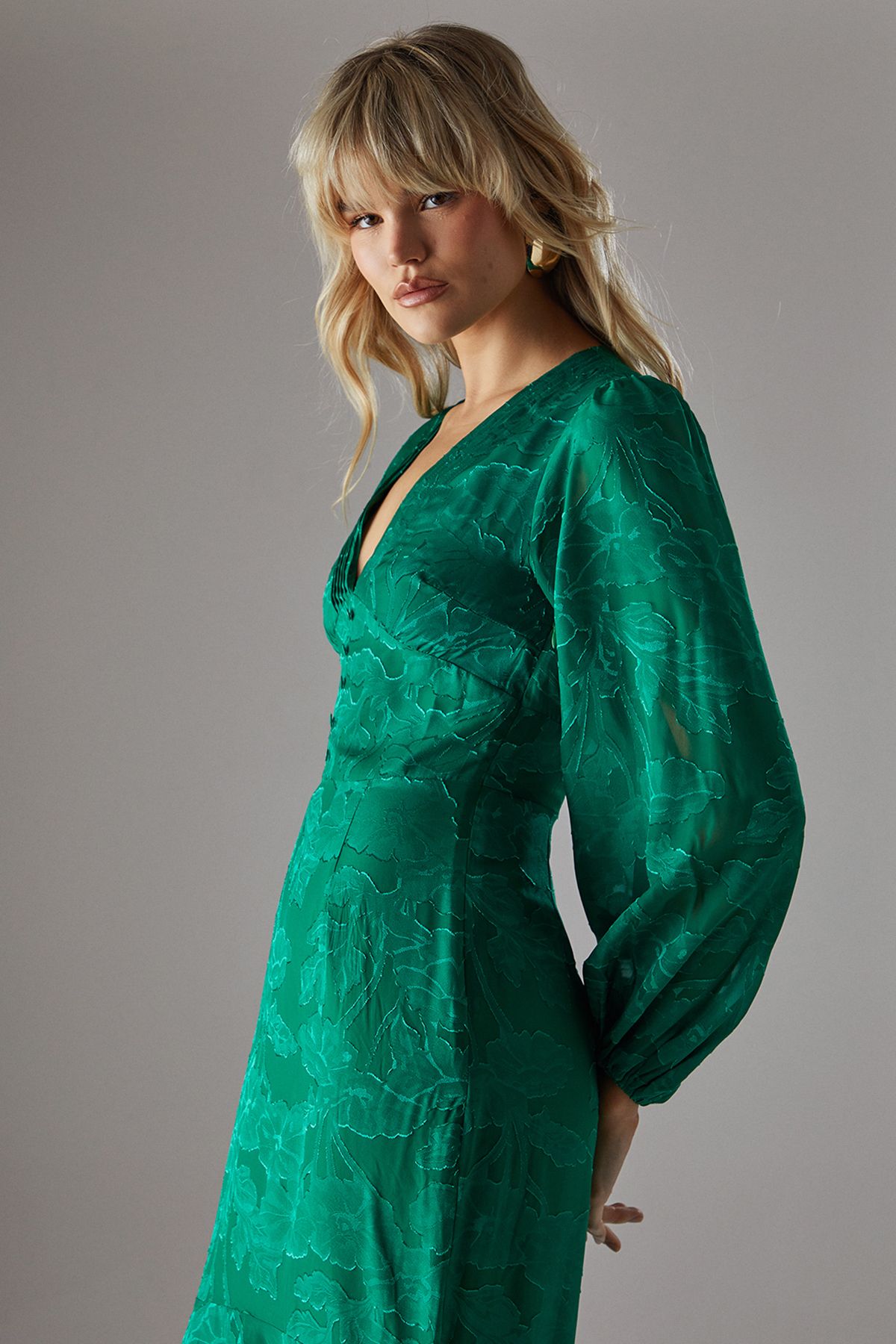 Warehouse Burnout Button Front Plunge Neck Maxi Dress Green image 2