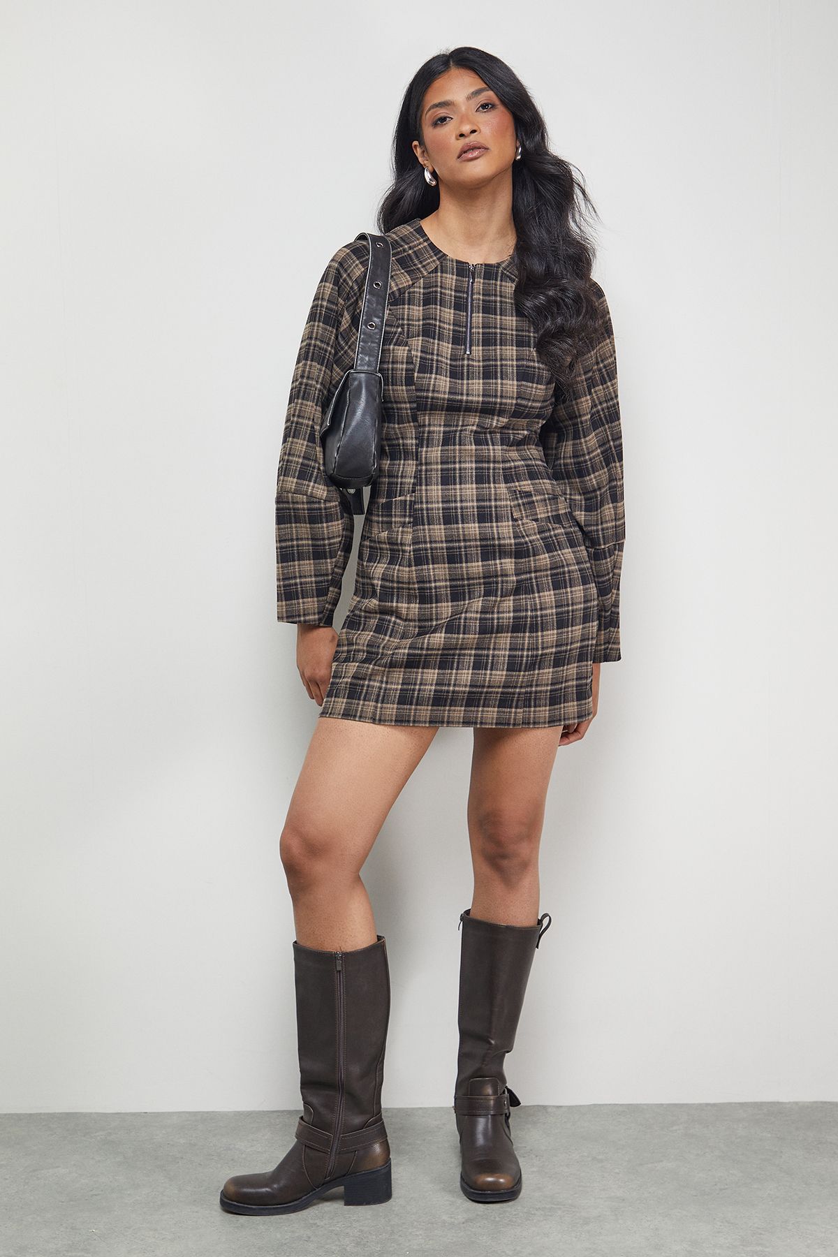 Warehouse Check Structured Seam Zip Front Mini Dress Brown image 2