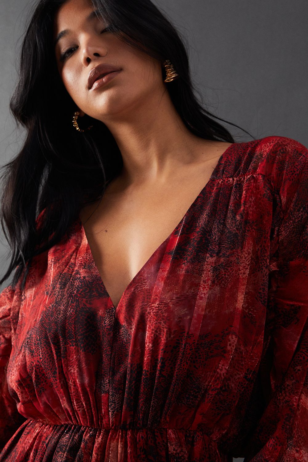 Warehouse Shadow Stripe Chiffon Plunge Neck Tier Midi Dress Red image 2