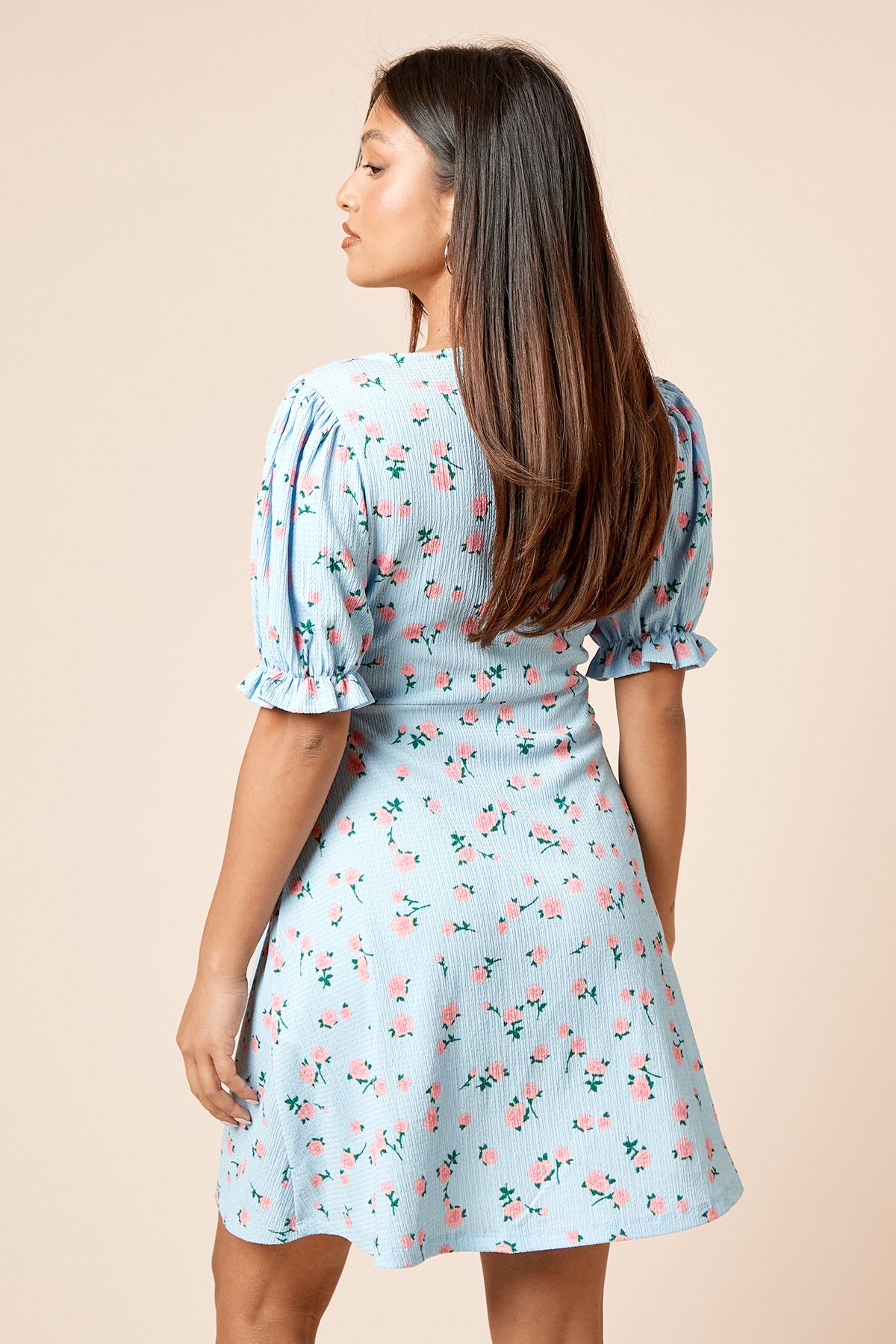 Dorothy Perkins Petite Blue Floral Bow Front Puff Sleeve Jersey Mini Dress Floral image 3