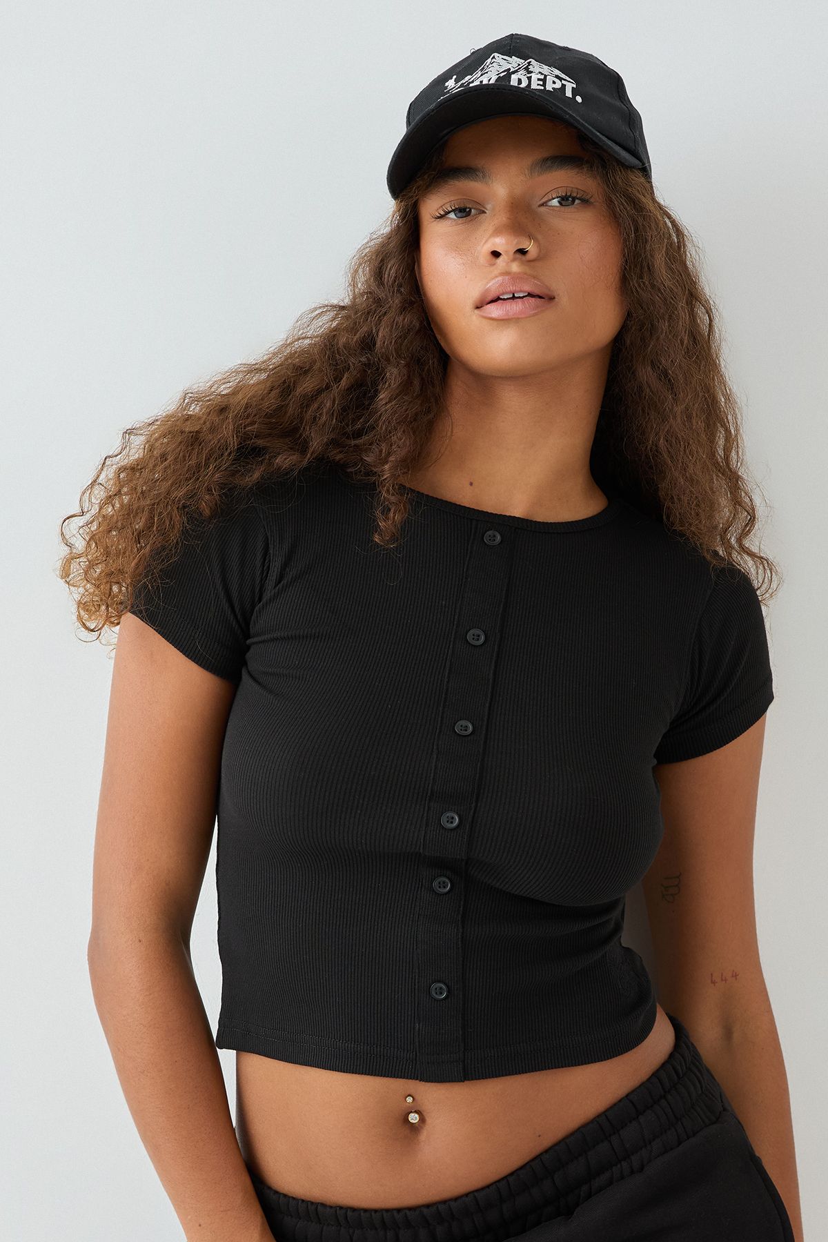 DSGN Studio DSGN Studio Square Script Embroidered Rib Fitted Button Through Top Black image 1