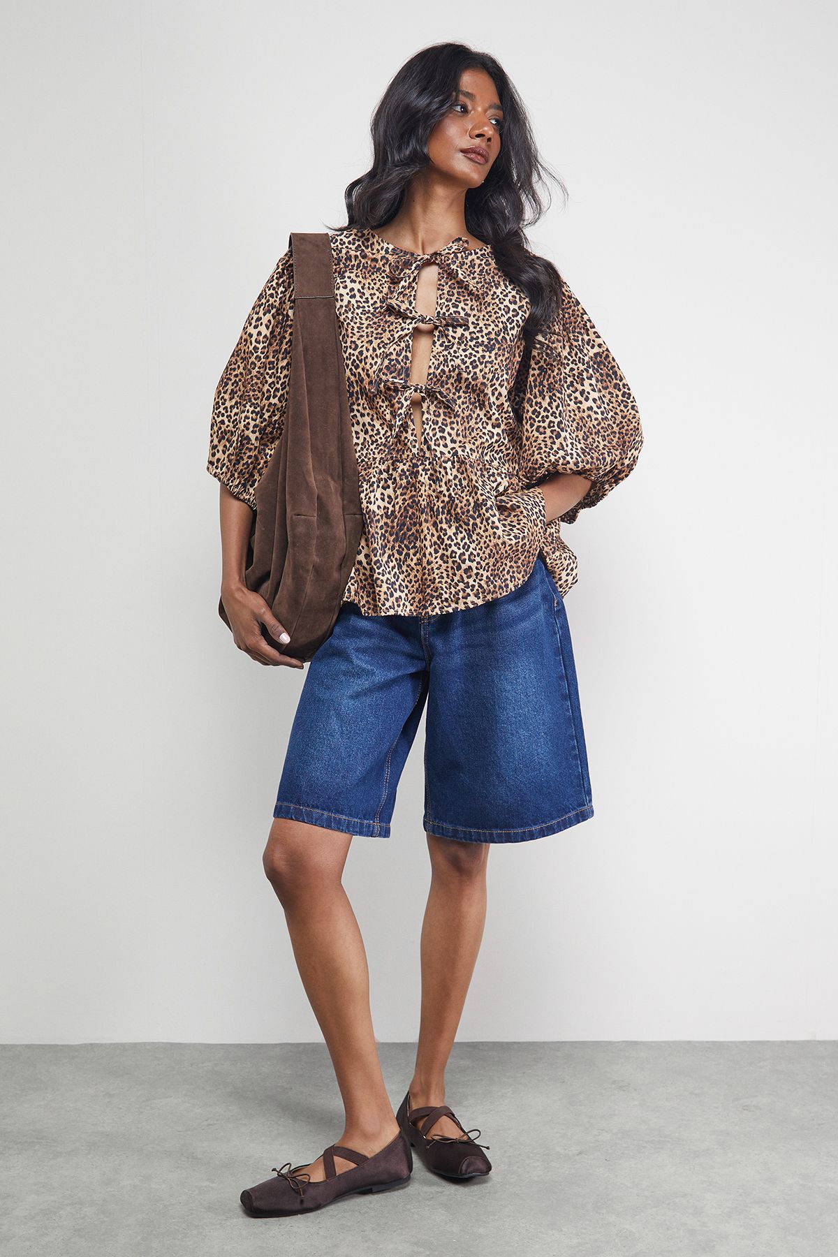 Warehouse Print Poplin Tie Front Volume Sleeve Blouse Animal image 1