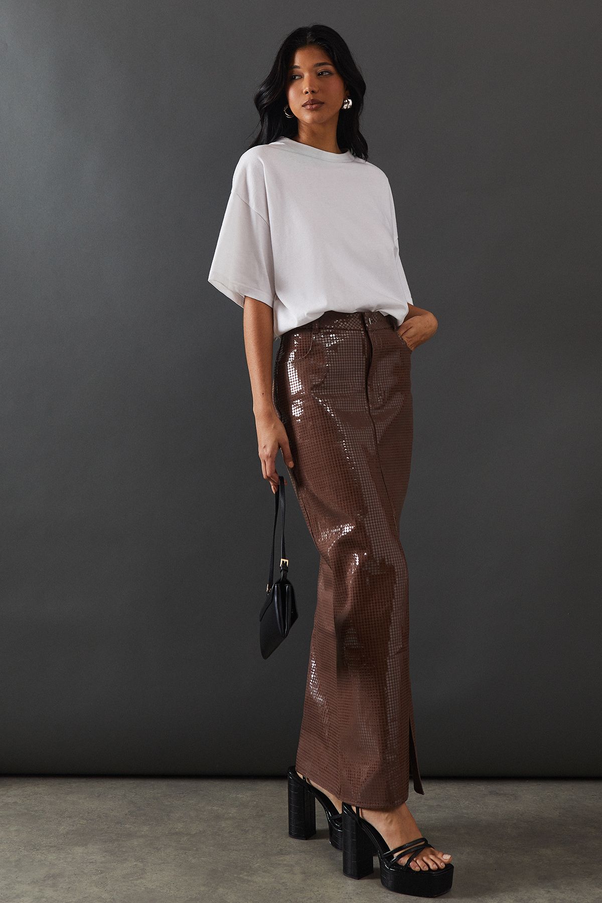 Warehouse Premium All Over Shimmer Denim Maxi Skirt Brown image 1