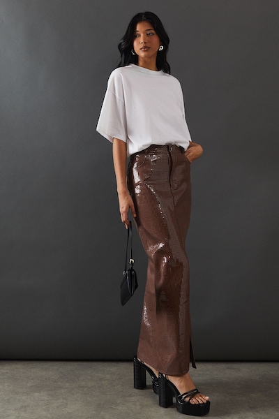 Warehouse Premium All Over Shimmer Denim Maxi Skirt Brown